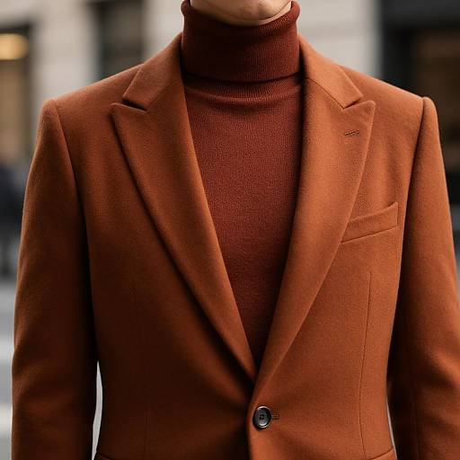 Photograph of a person wearing a rust-colored tweed turtleneck and matching blazer, with a black button, in an urban background.