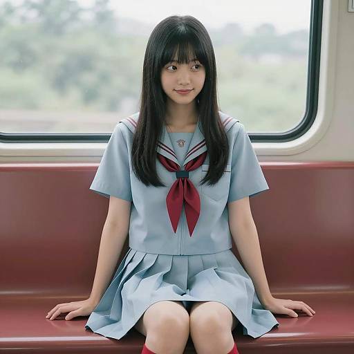 Young Woman in School Uniform on Train