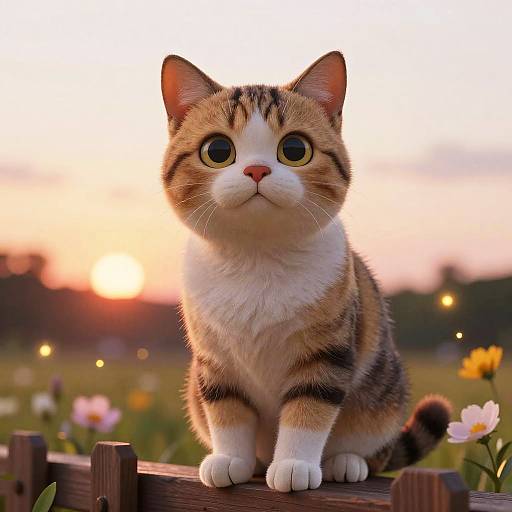 Realistic Cartoon Cat at Sunset Fence