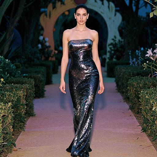 Photograph of a slender woman with dark hair in a sleek, strapless, sequined black dress, walking down a dimly lit, garden-themed