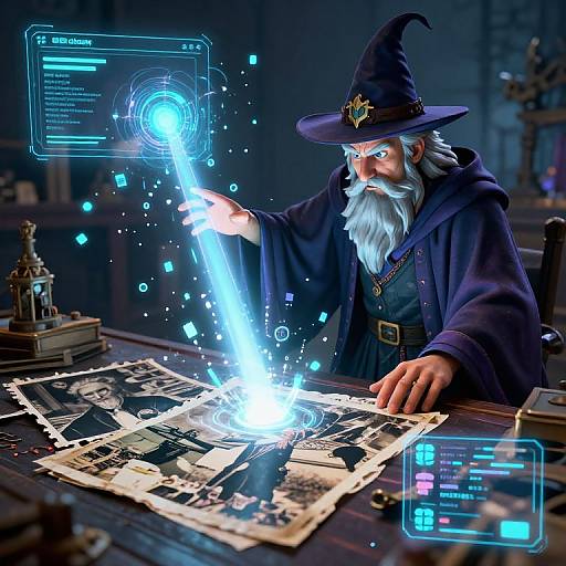 Digital artwork of a bearded wizard in a blue robe and hat, casting a bright blue magical spell over a scattered map at a dimly lit,