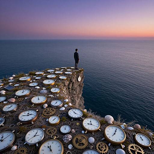Photograph of a silhouetted person standing on a cliff at sunset, overlooking a vast ocean, surrounded by numerous large, white clock faces with