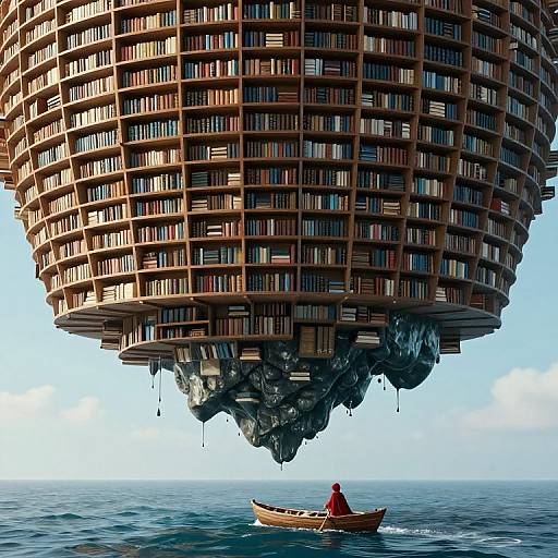 Digital artwork: A lone person in a red cloak rows beneath a massive, spherical, book-filled floating structure over a calm ocean.