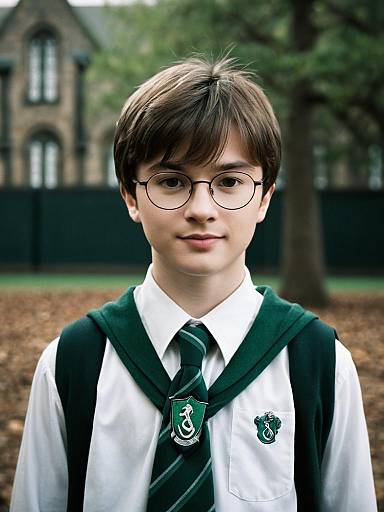 Young Boy in Slytherin School Uniform