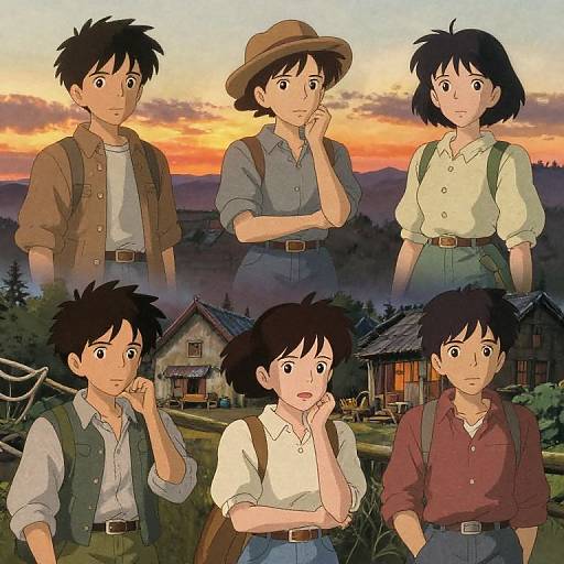 Anime-style illustration of five young characters with black hair, wearing casual 19th-century clothing, standing against a sunset backdrop with rustic houses.