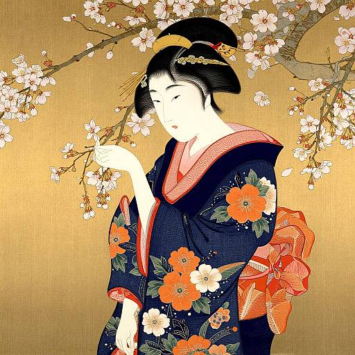 Traditional Japanese woodblock print of a serene geisha in a floral kimono, touching cherry blossom branches, golden background, vibrant orange and white flowers.