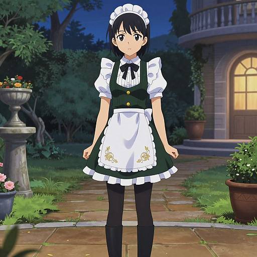 Anime-style illustration of a black-haired, brown-eyed maid in a green and white uniform, standing in a nighttime garden with a lit house and potted