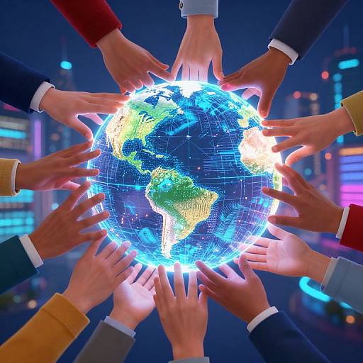 Photograph of diverse hands in suits holding glowing, illuminated Earth, with cityscape background, symbolizing global unity and cooperation.