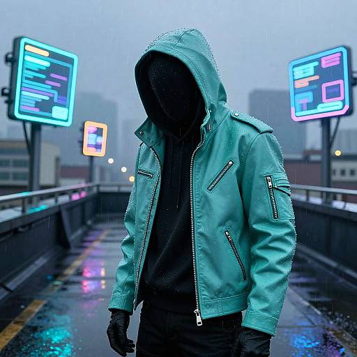 Neon Teal Hacker on Rainy Rooftop