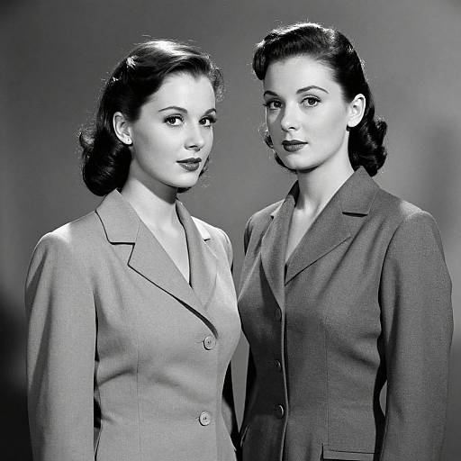 Black-and-white photograph of two 1940s-style women with dark, wavy hair, wearing tailored blazers, standing side-by-side against a