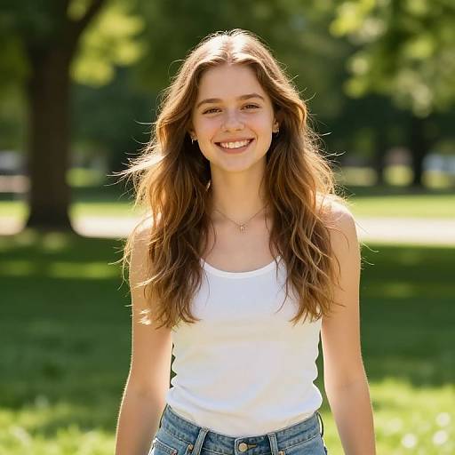 Photograph of a smiling young woman with long brown hair, wearing a white tank top and blue jeans, standing in a sunlit park.