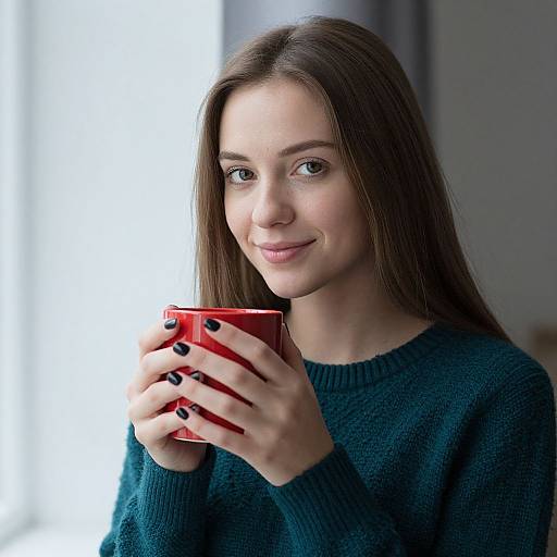 Photograph of a young woman with long brown hair, wearing a dark green sweater, holding a red mug, smiling, with natural light in the background