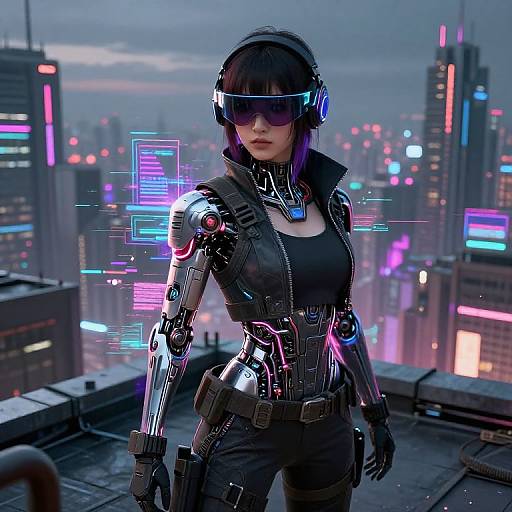 Cyberpunk woman with mechanical arms and visor, standing on rooftop at night, futuristic cityscape with neon lights in background. Photorealistic CGI