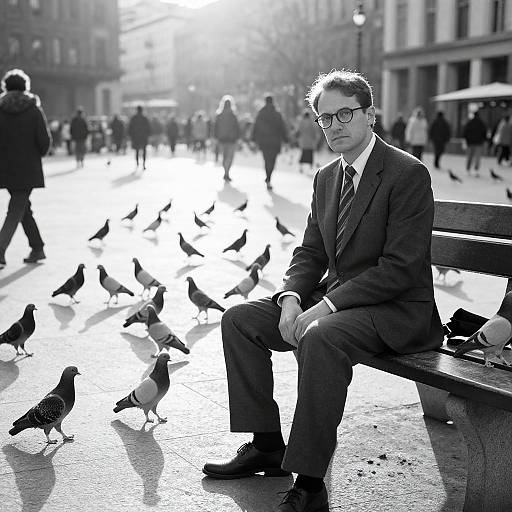 Black-and-white photograph of a suited man with glasses sitting on a bench in a busy city square, surrounded by pigeons. Blurred pedestrians in the