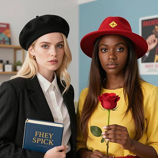 Two women with berets holding book and rose