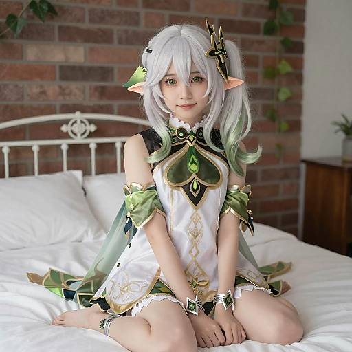White-Haired Elf Girl on Bed