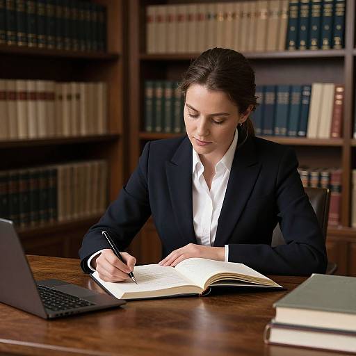 Photograph of a focused, dark-haired woman in a black suit writing in an open book at a wooden desk, with a laptop and books in the