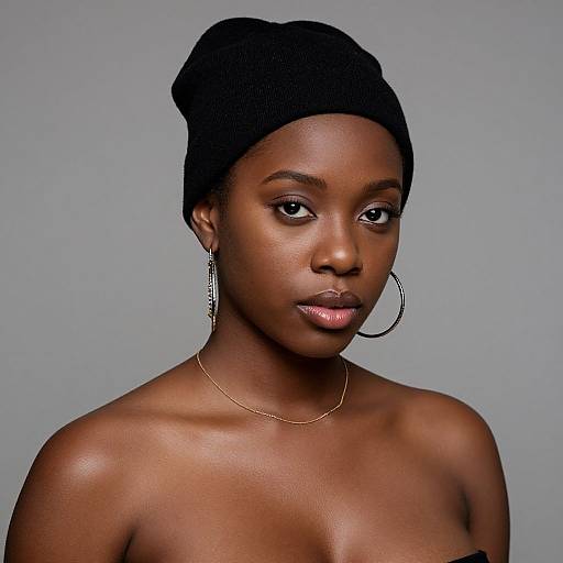 Photograph of a beautiful, dark-skinned Black woman with a black headwrap, hoop earrings, and gold necklace, against a plain gray background.