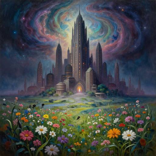 Digital art of a futuristic city with tall, dark skyscrapers under a swirling, colorful galaxy sky, surrounded by a vibrant, flower-filled meadow