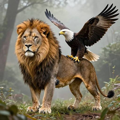 Digital artwork of a majestic lion with a lush mane, standing in a misty forest, with a soaring bald eagle perched on his back.