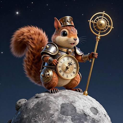 CGI image of a steampunk squirrel in armor, holding a staff, standing on a moon, under a starry night sky.