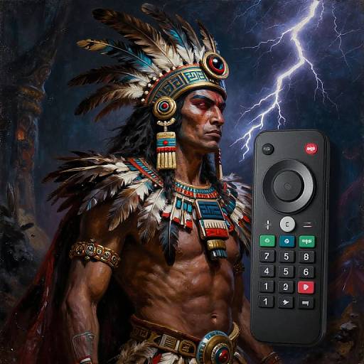 Digital artwork of a muscular Native American warrior with feathered headdress and colorful jewelry, standing against a stormy background with a lightning bolt, holding a