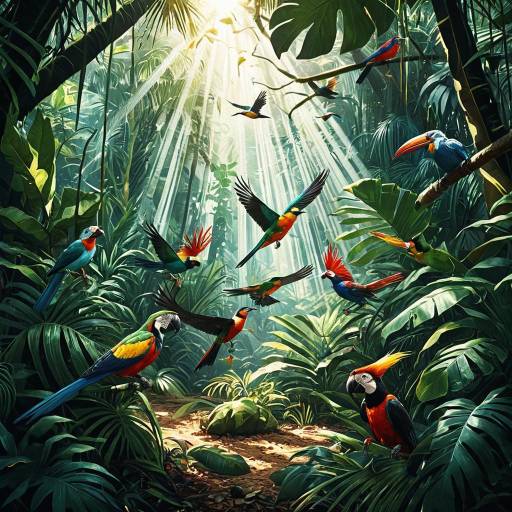Colorful Tropical Birds in Lush Jungle Colorful Tropical Birds in Lush Jungle