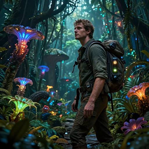Photograph-style digital artwork of a rugged, blonde-haired man in green clothing and backpack, walking through a glowing, bioluminescent jungle with colorful