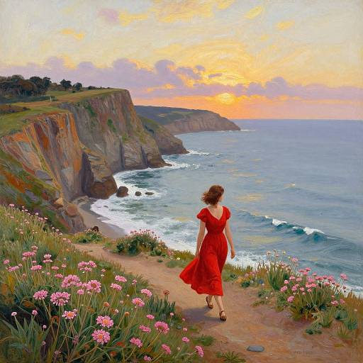 Digital painting of a woman in a red dress walking on a cliff path, surrounded by pink flowers, overlooking a sunset ocean.