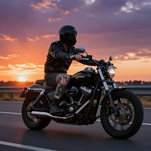 Tattooed Biker Riding Motorcycle at Sunset