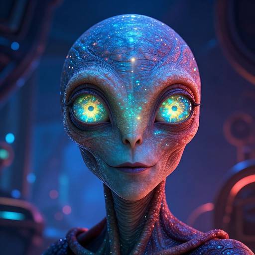 Photorealistic CGI of an alien with glowing blue and green eyes, textured skin, and a smooth, featureless head, set against a dark,