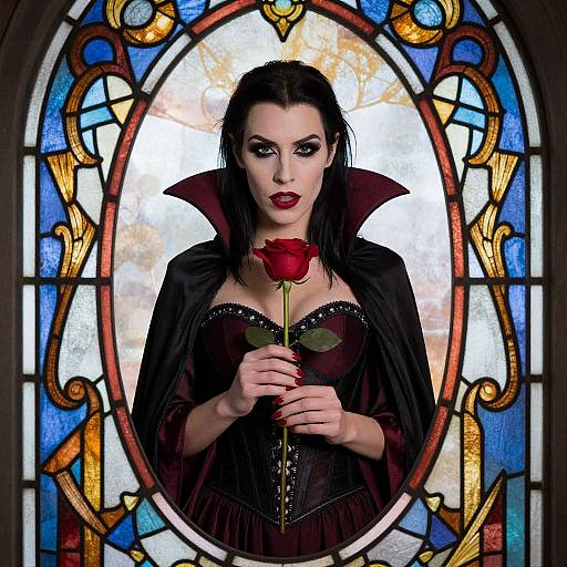 Gothic vampire woman with pale skin, black hair, red lips, black corset, cape, holding red rose, framed by stained glass window