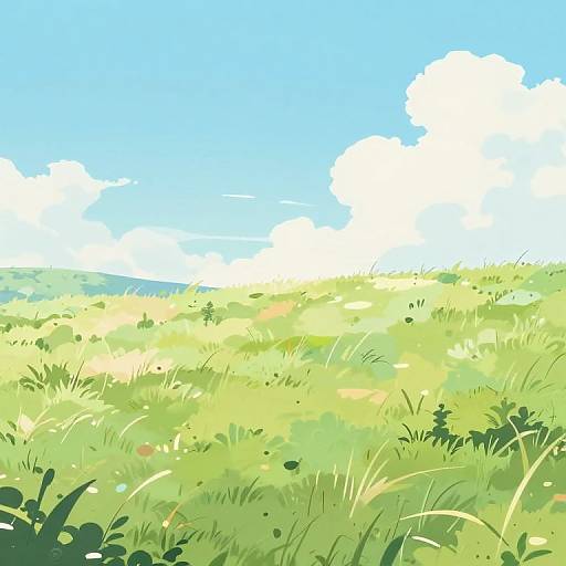 Digital illustration of a sunlit, green meadow with tall grass, scattered leaves, and a bright blue sky with fluffy white clouds.