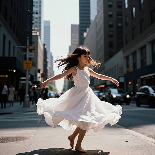 Photograph of a young Asian woman in a flowing white dress, barefoot, dancing in a sunlit urban street with tall buildings.