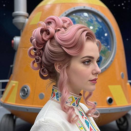 Digital art: Pink-haired woman with intricate curls in colorful dress, profile view, in front of bright orange space capsule with round window.