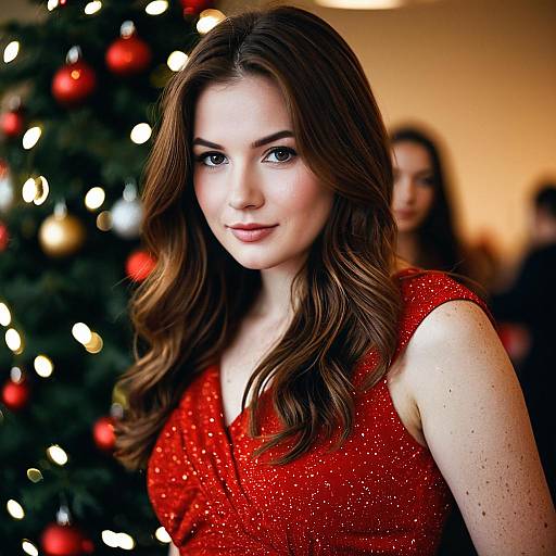 Woman in Red Dress by Christmas Tree