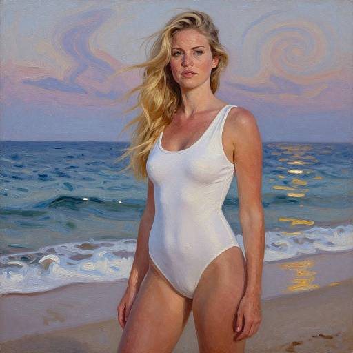 Photorealistic painting of a blonde, fair-skinned woman in a white one-piece swimsuit standing on a beach with ocean waves and a colorful,