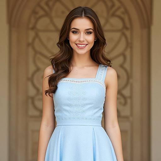 Photograph of a smiling woman with long, wavy brown hair, wearing a white lace sleeveless dress, standing in front of an ornate,