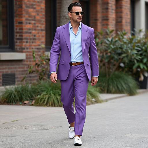 Photograph of a stylish man in a purple suit, white shirt, black belt, white shoes, and sunglasses, walking on a city sidewalk.