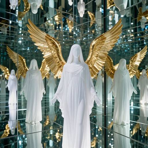 Photograph of a white, featureless angel statue with large, glowing gold wings, reflected multiple times in a mirrored, illuminated background.