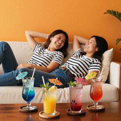 Photograph of two smiling Asian women in black-and-white striped shirts, lounging on a white couch, with colorful cocktails in front.