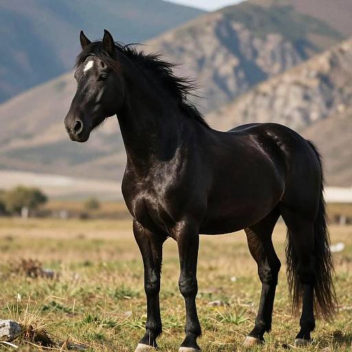 Photograph of a sleek, black horse with a white blaze on its forehead standing in a grassy meadow, with mountains in the background under a