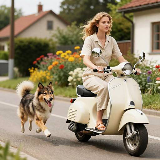 Young Woman Riding Vespa Scooter with Dog