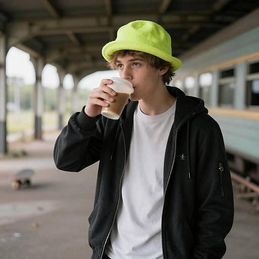 Teen Skateboarder in Neon Lime Hat