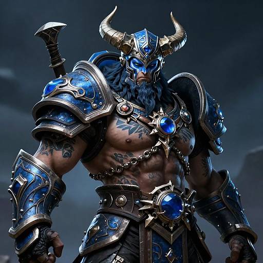 Digital art of a muscular, blue-horned minotaur warrior with glowing blue armor, tattoos, and a fierce expression, standing against a dark