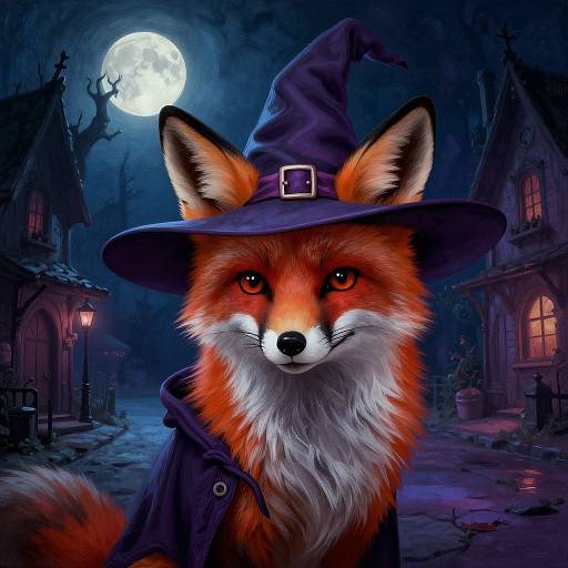 Digital painting of a red fox in a purple witch hat and cloak, standing on a moonlit, spooky village street.