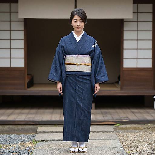 Photograph of an Asian woman in a navy blue kimono with white sandals and a silver obi, standing in front of a traditional Japanese wooden building