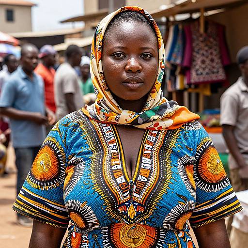 Photograph of a Black African woman with dark skin, wearing an orange and yellow headscarf, and a vibrant blue, orange, and white pattern