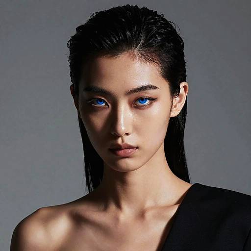 Photograph of a young Asian woman with striking blue eyes, wet black hair, and a serious expression, wearing a black off-shoulder top against