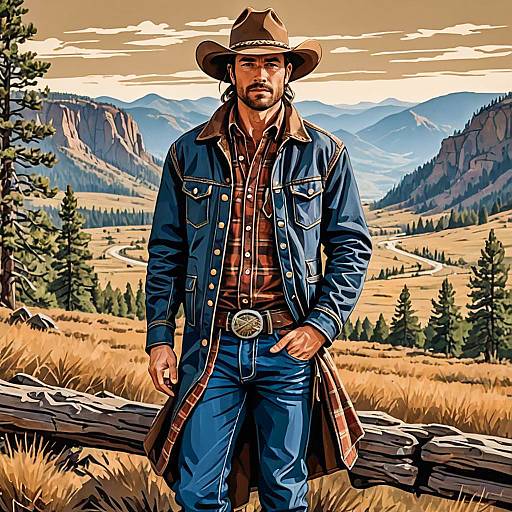 Vector Illustration of Cowboy in Mountain Landscape